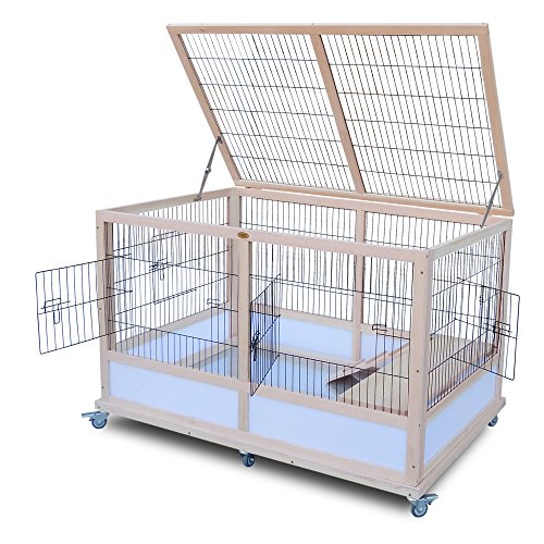 HABAU Kaninchenstall für Innen, Indoorstall aus Naturholz mit Metallgitter und Rollen, 118 x 75 x 79 cm