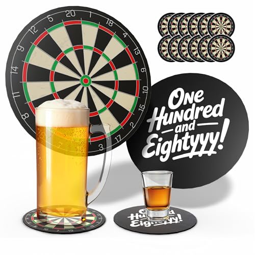 Creatastic - Dart Zubehör Untersetzer Gläser 12 Stück – Bierdeckel lustig mit Dartscheibe & Spruch – Dart Geschenke für Männer, Darts Glasuntersetzer, Bierdeckel Pappe, Durchmesser 10,7 cm