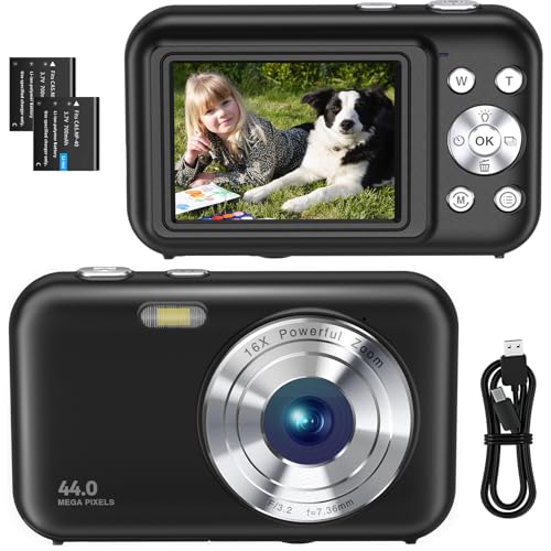 Digitalkamera FHD 1080P 44MP Fotokamera Ultra dünn Fotoapparat Digitalkamera mit Batteries Einfache und Tragbare Digital Kamera für Kinder/Jungen/Mädchen/Studenten/Anfänger/Senioren（Schwarz）