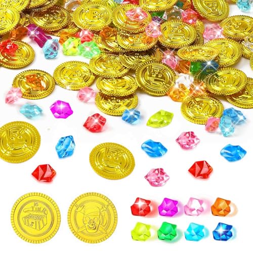 Canollo 150 Stück Piratenschatz Goldmünzen Set, Mit 50 Stück Piraten Goldmünzen und 100 Stück Edelsteine für Kinder, Acryl Goldtaler Diamanten Piratenschatz, für Piraten Deko Kindergeburtstag