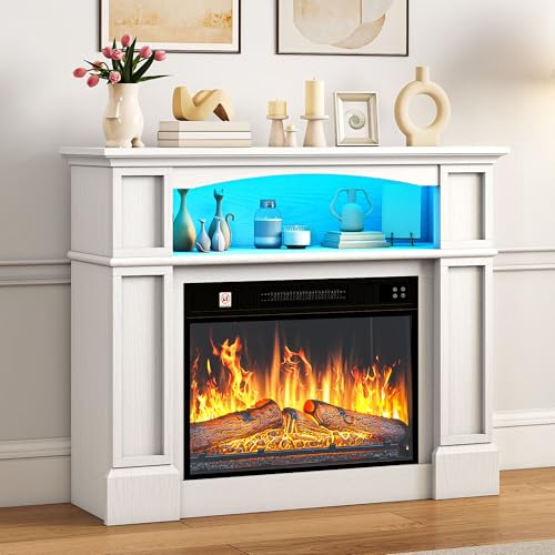 TAUS Elektrokamin mit Heizung, Elektro Kamin mit LED 3D-Flammeneffekt Elektrischer Kamin Standkamin mit LED-Ambientelicht, Timer, Thermostat, Fernbedienung Weiß