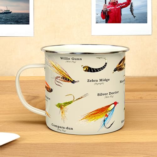 Gift Republic Fliegenfischen Emaille Tasse Outdoor Camping Cup 500ml Metall Kaffeetasse Angler Angeln Enthusiast Geschenkidee Köderdesign