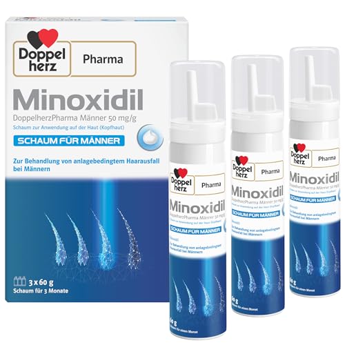 Minoxidil DoppelherzPharma Männer 50 mg/g Schaum zur Anwendung auf der Haut (Kopfhaut) – Arzneimittel zur Behandlung von erblich bedingtem Haarausfall bei Männern ab 18 Jahren (3 x 60g)
