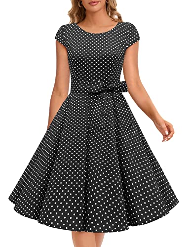 Dressystar Damen Vintage 50er Cap Sleeves Dot Einfarbig Rockabilly Swing Kleider Schwarz Weiß Dot A XXXL