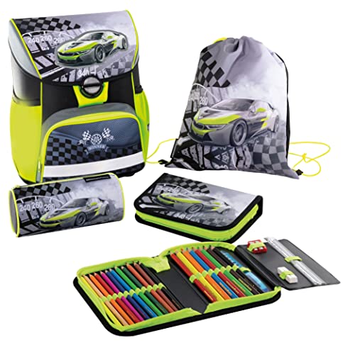 Eberhard Faber 577615 - Schulranzen Set Race Car, EFAlino, 4-teilig, mit Schulrucksack, Schüleretui, Schlamperrolle und Turnbeutel, Neon-gelb & Grau