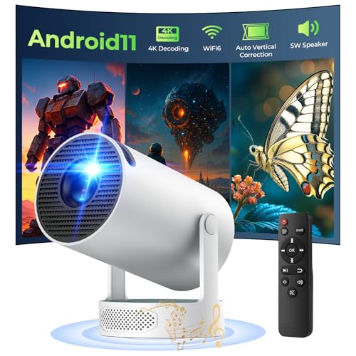 Mini Beamer, Smart Beamer 4K Heimkino 1080P 5W Lautsprecher, Mini Projektor Tragbarer Unterstützung Android 11 WiFi6 BT5.4, Projektor Klein Auto Keystone 270° Dreh Kompatibel mit HDMI/TV Stick/Laptop