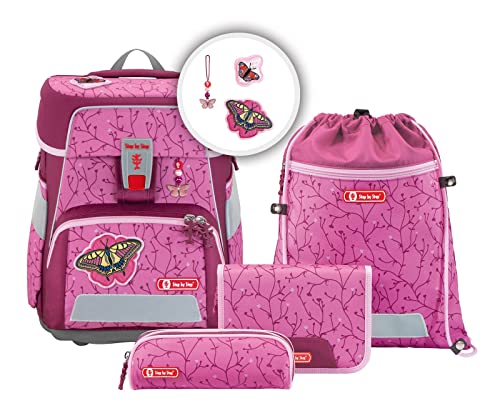 Step by Step Schulranzen-Set SPACE „Natural Butterfly“ 5-teilig, rosa-pink, ergonomischer Tornister mit Reflektoren, höhenverstellbar mit Hüftgurt ab der 1. Klasse, 20L