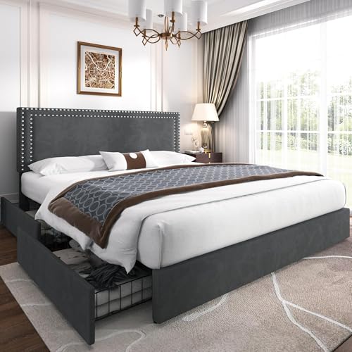 VECELO Polsterbett Doppelbett 140 x 200 cm mit 4 Stauraum Schubladen, Doppelbettgestell mit Höhenverstellbarem Kopfteil und Bettkasten, Bett mit Stauraum und Lattenrost, Ohne Matratze, Samt, Grau