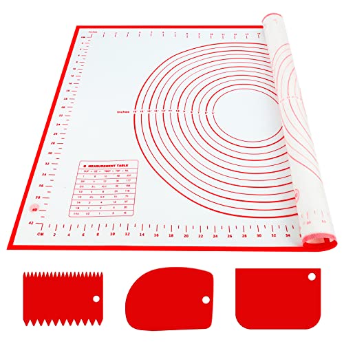 Silikon-Backmatte, groß, 70 x 50 cm, antihaftbeschichtete Teigmatte, Rollmatte mit Messung mit 3 Teigschabern, wiederverwendbares Backzubehör für Teig, Fondant, Makronen, Kekse, Pizza