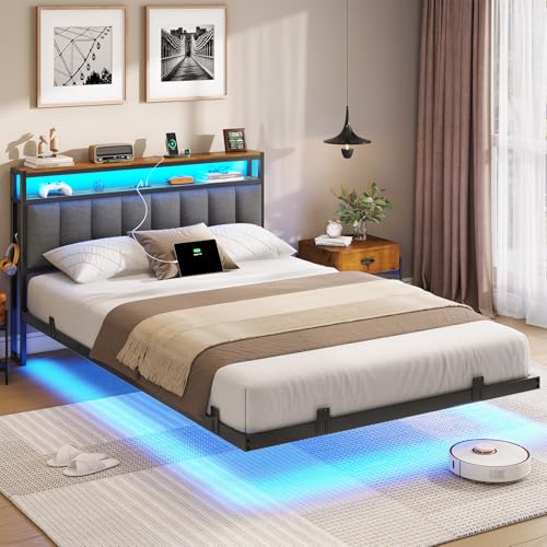 AOGLLATI Polsterbett 140x200 CM mit Ladestation & LED-Beleuchtung,Doppelbettgestell mit Stauraum Kopfteil & Lattenrost, Schwebender visueller Effekt,Modern Bettgestell Leinen, Ohne Matratze,Dunkelgrau