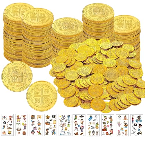Lufdegim 100 Stück Goldmünzen Piraten Schatz Goldtaler Kunststoff Goldmünzen Goldtaler Schatzsuche, Gold-Münzen Für Kindergeburtstag Halloween-Partys Kinder Spielzeug Spielmünzen