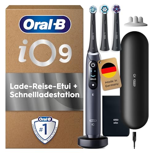 Oral-B iO Series 9 Elektrische Zahnbürste — Electric Toothbrush, Inkl. 3 Aufsteckbürsten, Lade-Reise-Etui, Schnellladestation — 7 Modi für Zahnpflege, Zahnbürste Elektrisch, Designed by Braun, Schwarz