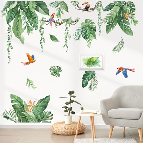 decalmile Wandtattoo Tropische Blätter Pflanzen Wandaufkleber Hängende Rebe Grün Palmen Blätter Vögel Wandsticker Kinderzimmer Wohnzimmer Schlafzimmer Flur Wanddeko