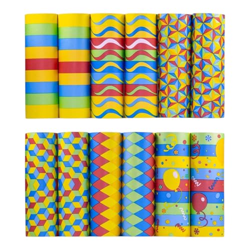 ARKRAFT Serpentine Luftschlangen 12 Rollen Mehrfarbig Gestreift und Gemustert, Party-Dekoration für Karneval und Geburtstag (P12 Mix)