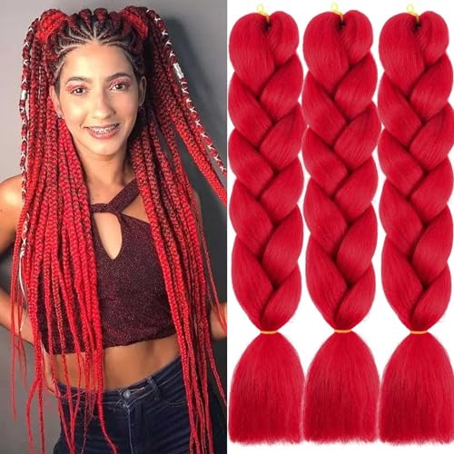 Xtrend 3 Packs 24 Inch Red Jumbo Braiding Hair Extensions for Women High Temperature Kanekalon Braiding Hair for Twist Crochet Box Braids(3Packs,Red#