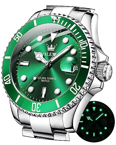 OLEVS Uhren für Herren, klassisch, Datum, Business-Kleid, luxuriös, großes Zifferblatt, grün/schwarz/blau, wasserdicht, leuchtende, Analoge zweifarbige Edelstahl Armbanduhr