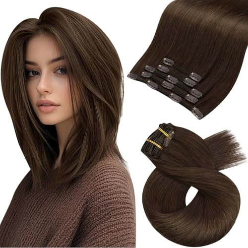 Moresoo Clip in Extensions Echthaar, Salon Qualität Weiches Glattes Haar 30 cm 5 Stück 80g Extensions Clip in #4 Dunkelbraun, Leicht zu Tragen Solide und Langlebig 12 Inch