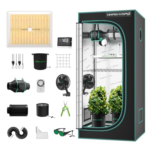 MARS HYDRO TS1000 Growzelt Komplettset mit Digitaler Temperatur und Feuchtigkeitsregler,LED Dimmbar Grow Lampe,80X80X160cm 1680D Hohe Reflektivität Grow Box Komplettset,4