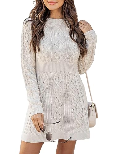 Ebifin Strickkleid Damen Rundhals Strickpullover Kleid Elegant Tunika Pullikleid Winterkleid Sweater A-Linie Minikleid.Beige.XS