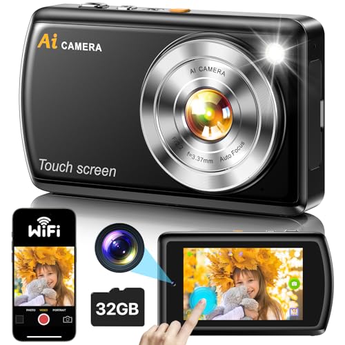AI Smart Digitalkamera mit WiFi, Autofokus Digital Camera Kamera Fotokamera Kinderkamera mit IPS Touchscreen, Fotoapparat Digitalkamera mit 32GB SD Karte für Kinder, Jugendliche, Erwachsene