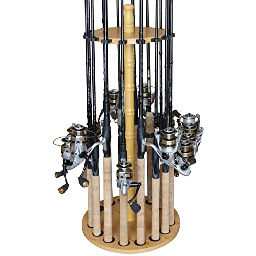 Rush Creek Creations Angelrutenhalter für Garage, Angelrutenregal, Bodenständer für bis zu 16 Ruten, Angelausrüstung, Aufbewahrungs-Organizer, Angelgeschenke für Männer, 24 Ruten, helles Holz