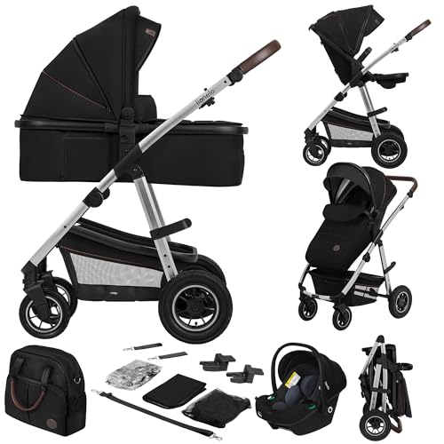 LIONELO Amber Kinderwagen 3 in 1 Kombikinderwagen Set sportlicher Sitz fester Babywanne Autositz Tasche Moskitonetz Regenschutz XXL-Dach mit Sonnenschutz