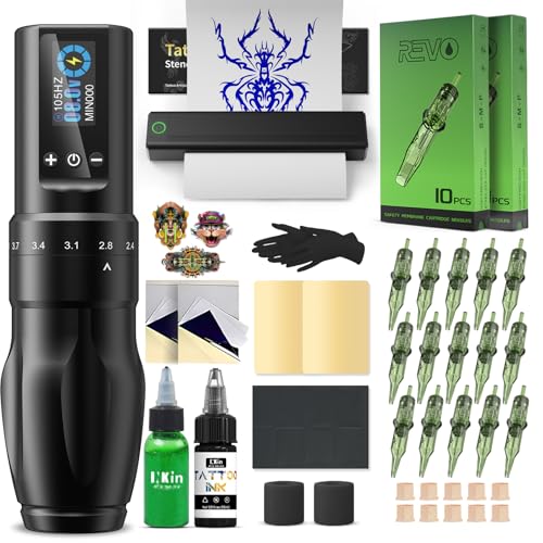 INKin Tattoo Maschine Set, Kabelloser Tätowiermaschine mit Verstellbare Anschläg und 1600mAh Batterien, Soultats Tattoo Zubehör Set Komplett mit Tattoo Farbe