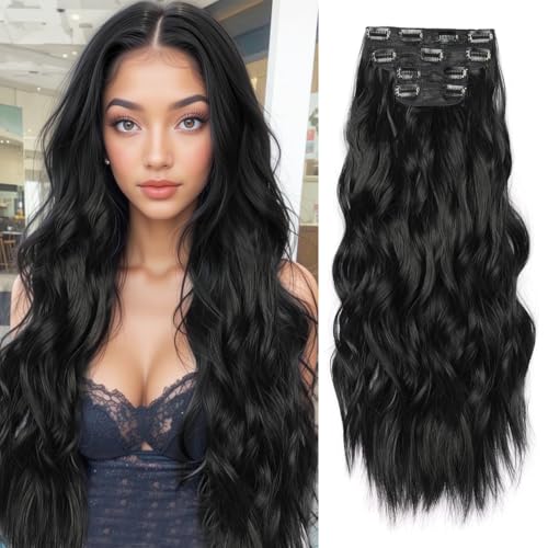 JIAMEISI Clip in Extensions, 4 Stück 56cm Vollkopf Lange Gewellte Haarextension, Synthetik lockige Clip-In Haarverlängerung, Dickes Natürliches Weiches Haarteil für Frauen Mädchen 200g (#1B Schwarz)