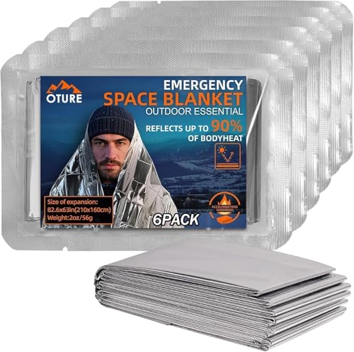 Oture Notfall Thermodecke, 6er-Pack, 210 x 160 cm, Reflektiert 90% Körperwärme, Ultraleicht 56g, Für Outdoor, Wandern, Camping