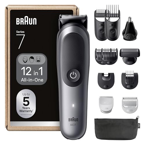 Braun All-in-One Series 7, 12-in-1 Multigroom, Barttrimmer, Nasenhaartrimmer, Haarschneidemaschine für Gesicht, Kopf und Körper, 120 Min Akku, 14 Längen (3–21 mm), Wasserdicht, AIO7545, Grau
