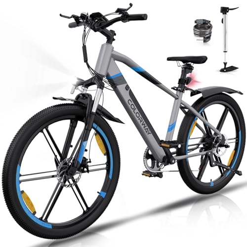 COLORWAY E Bike Herren Damen Elektrofahrräder 26 x 2,35 Zoll 250W Motor 36V 12Ah herausnehmbarer Akku EBike, Höchstgeschwindigkeit 25 km/h, E Mountainbike Ausdauer 35-90KM
