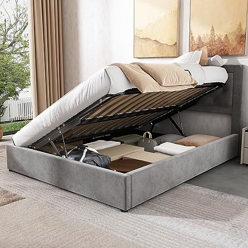 Jovify Boxspringbett 140x200 mit Bettkasten, Polsterbett Doppelbett mit Stauraum und Lattenrost, Gepolstert Bett Hydraulisch Stauraumbett Rückenlehne Bettgestell, Samt, Grau, Ohne Matratze