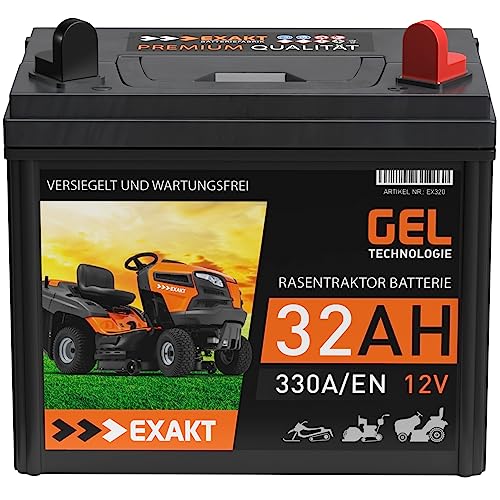 EXAKT Rasentraktor Batterie 12V 32Ah GEL Batterie Plus Pol Rechts Aufsitzmäher Rasenmäher Starterbatterie ersetzt AGM 24Ah 26Ah 28Ah 30Ah