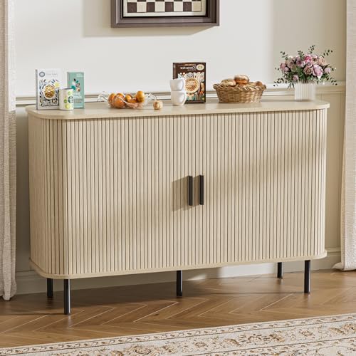 BonVache Sideboard, Küchenschrank mit 2 Schiebetüren, Verstellbaren Ablagen, Aufbewahrungsschrank, Kaffeebar Schrank, Anrichte für Küche, Esszimmer, Wohnzimmer, 120 x 40 x 77cm, Holzfarben