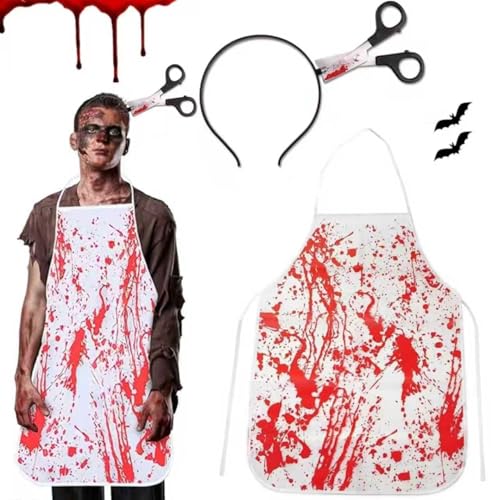 GUIANLOU Halloween Blutige Schürze Metzger Kostüm Halloween Mit Blutige Haarschmuck Hallo-ween Schürze Blut Metzger S-chürze Hallo ween Hallo ween Schlachter Horror Set Für Damen Herren