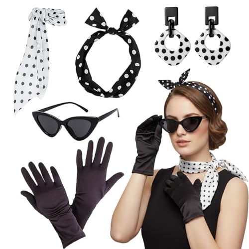 PDirat 5 Stück Rockabilly Accessoires, 50er Jahre Outfit Damen mit Schal, Stirnband, Katzen Auge Brille, Handschuhen und Ohrringen, Perfektes für Mottoparty, Karneval und Retro Events