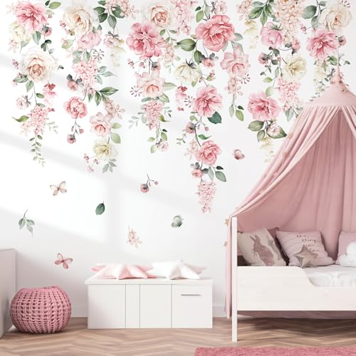 wondever Wandtattoo Blumen Rosa Groß Wandaufkleber Pfingstrose Hängende Rebe Blüten Blätter Wandsticker Wanddeko für Mädchen Schlafzimmer Wohnzimmer
