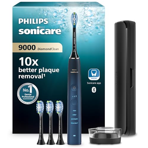 Philips Sonicare DiamondClean elektrische Zahnbürste der 9000er Serie – Schallzahnbürste, sauberere Zähne und Mundpflege mit 4x C3 Premium Plaque Defense-Bürstenköpfen, Aquamarine (Modell HX9911/89)