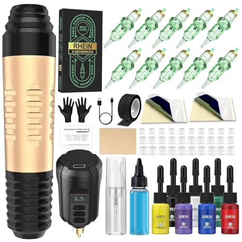 RHEIN Tattoo Maschine Set mit 1500mAh Akku und 7 Tattoo Inks 10 Cartridges Nadeln Tattoo Zubehör RN-TK2005EU-1