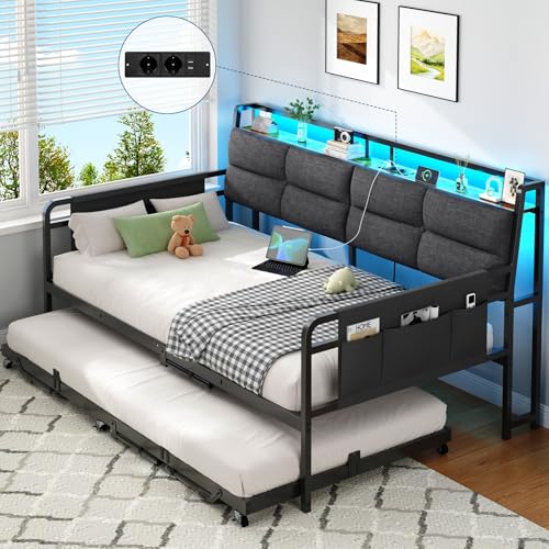 Brinlawb Schlafsofa mit Ausziehbett, Tagesbett 90x200(180x200) cm, Tagesbett Ausziehbar mit LED Beleuchtung und Ladestation (2 AC-Steckdosen, 2 USB-Anschlüsse) Einzelbett und Doppelbett, Gästebett