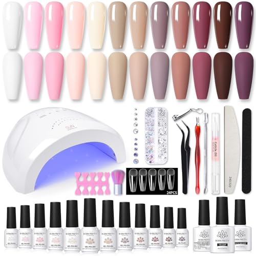 BORN PRETTY 47PCS Gelnägel Starterset Nagelset Nudefarben Weiß Rosa 48W LED Lampe UV Nagellack Set mit UV Lampe Starterset Top Coat Base Gel Gelnägel Maniküre Set Komplett