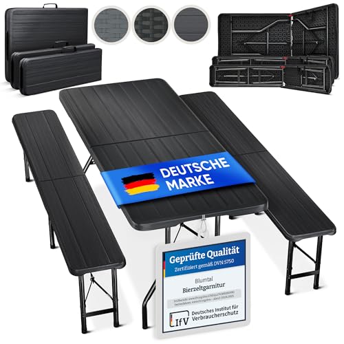 Blumtal Bierzeltgarnitur 3er Set - 2X Bierbank + 1x Biertisch - tragstarke Biertischgarnitur klappbar für 8 Personen - Bierbankgarnitur mit Tragegriff - Biergartengarnitur in Rattan-Optik Schwarz