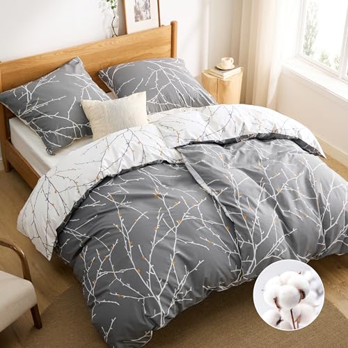 BEDSURE Bettwäsche 135x200 Baumwolle 4teilig - Bettwäsche-Sets Grau Bettbezug 2er Set mit 2 Kissenbezüge 80x80 cm, ÖKO-TEX Wendebettwäsche Bedding Zweige Muster mit Reißverschluss