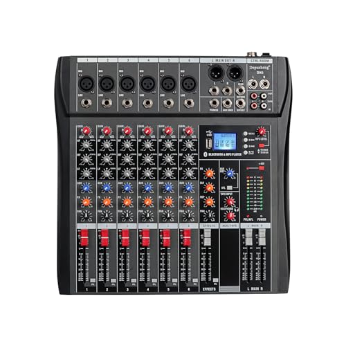 Depusheng DX6 Professional Mixer Soundboard Konsole 6-Kanal Desk System Interface Digitaler USB MP3 Bluetooth Eingang 48V Phantomspeisung Stereo DJ Studio FX Stahlgehäuse, Audio Mixer für PC Schwarz