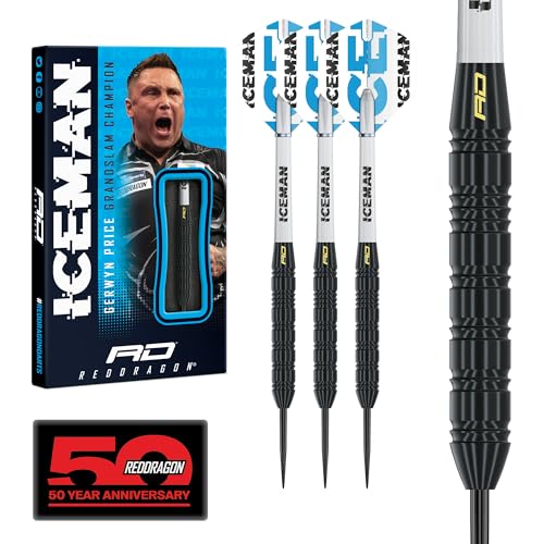 RED Dragon Gerwyn Price Iceman Darts Set - 22 Gramm Brass Steeltip Dartpfeile with Flights and Shafts (Stems)