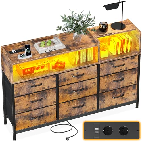 ODK Kommode mit Schubladen, Komodenschrank mit 2 Steckdosen, 2 USB und 10 Farbigen LED-Streifen, Kommode mit Regal Arbeitsplatte mit 9 Stoff Schubladen für Schlafzimmer Wohnzimmer, 130 * 30 * 97cm