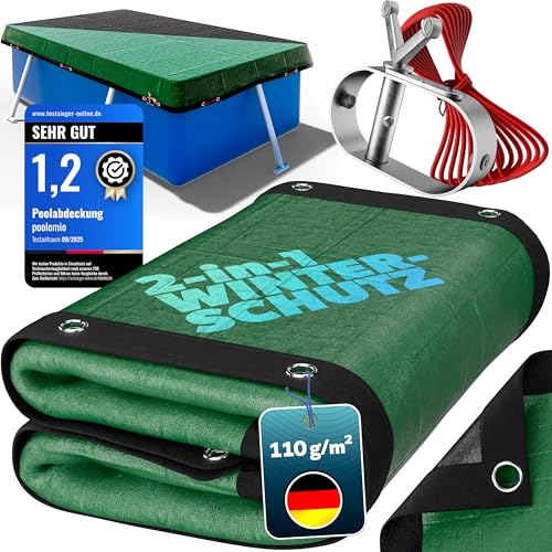 poolomio® Pool Winterabdeckung rechteckig 600 x 300 cm | 2in1 Solarplane & Poolabdeckung 6x3 m | Robuste, UV-beständige 110g/m² PE Poolplane Abdeckplane | Planenmaß: 680 x 380 cm