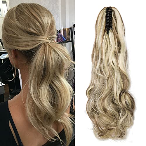 Pferdeschwanz, Haarverlängerung, Naturhaar, gewellt, lange synthetische Haare, Claw on Ponytail, Monoband (Blonde Asche & Bleach Blonde)