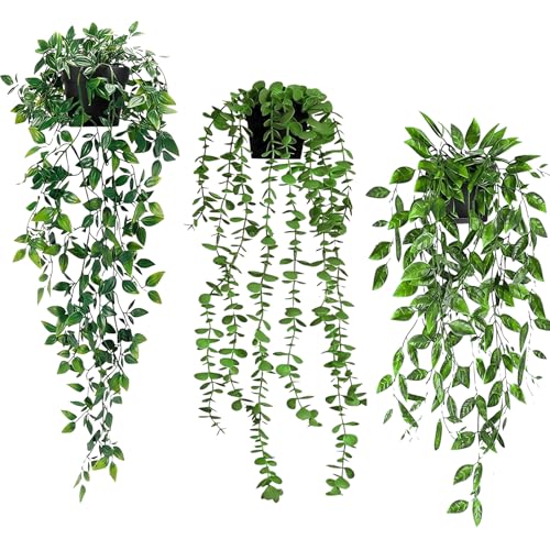 RUACDIQ 3 Stück Künstliche Hängepflanzen, kunstpflanze, Hängepflanzen mit Töpfen, künstliche Pflanzen, Plastikpflanzen Rebe Grünpflanze, Fake Plant für Balkon Büro Garten Party Wand Deko