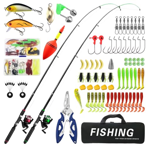 Angelset für Kinder, 2 Stück 1.8m Teleskop-Angelruten-Spule, 3-10 Jahren Angelrute Set Kinder mit Angelrolle und Köder, Kinderangel Starter Set, Kohlefaser Teleskop Angelrute, Angel-Set komplett